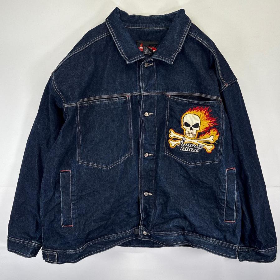 The incorporated デニムジャケット ファイヤーパターン 古着 Johnny Blaze デニムジャケット スカル刺繍 大きいサイズ