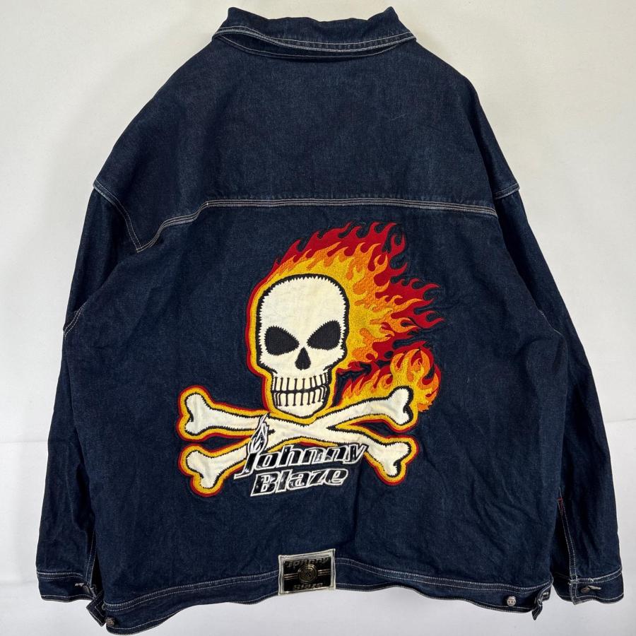 The incorporated デニムジャケット ファイヤーパターン 古着 Johnny Blaze デニムジャケット スカル刺繍 大きいサイズ