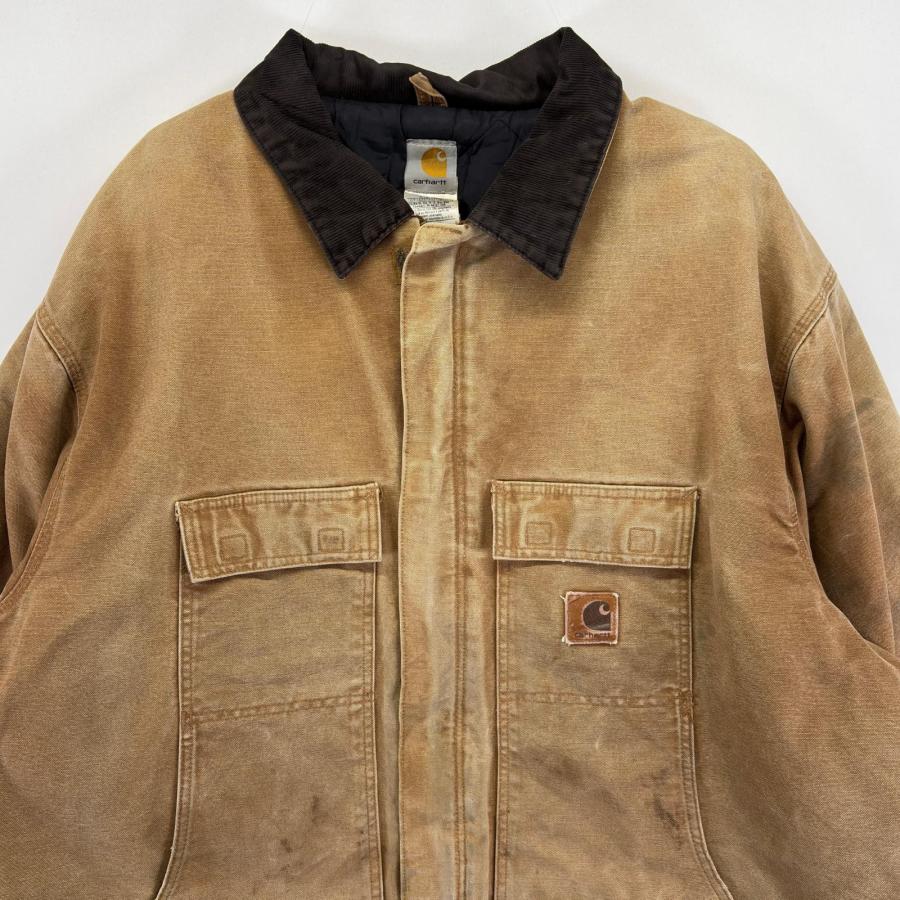 古着 カーハート Carhartt ワークジャケット トラディショナルコート ダック地 ワンポイントロゴ フルジップ 4XL  ベージュ系 メンズ Carhartt（カーハート） 古着 ワークジャケット トラディショナル