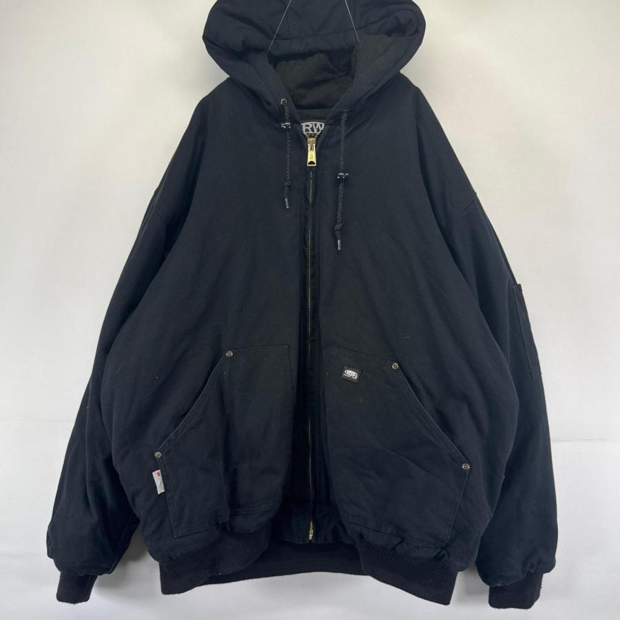 古着 ダック ジャケット フルジップ ワンポイントロゴ 中綿 ワークジャケット 2XL  ブラック系 メンズ 古着 ダック ジャケット フルジップ ワンポイントロゴ 中綿 ワーク