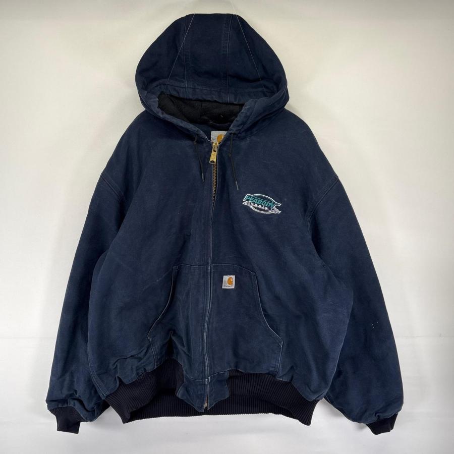 古着 カーハート Carhartt ダック ジャケット 中綿 アクティブジャケット フルジップ ワンポイント 2XL  ネイビー系 メンズ 古着 カーハート Carhartt ダック ジャケット 中綿 アクティブ