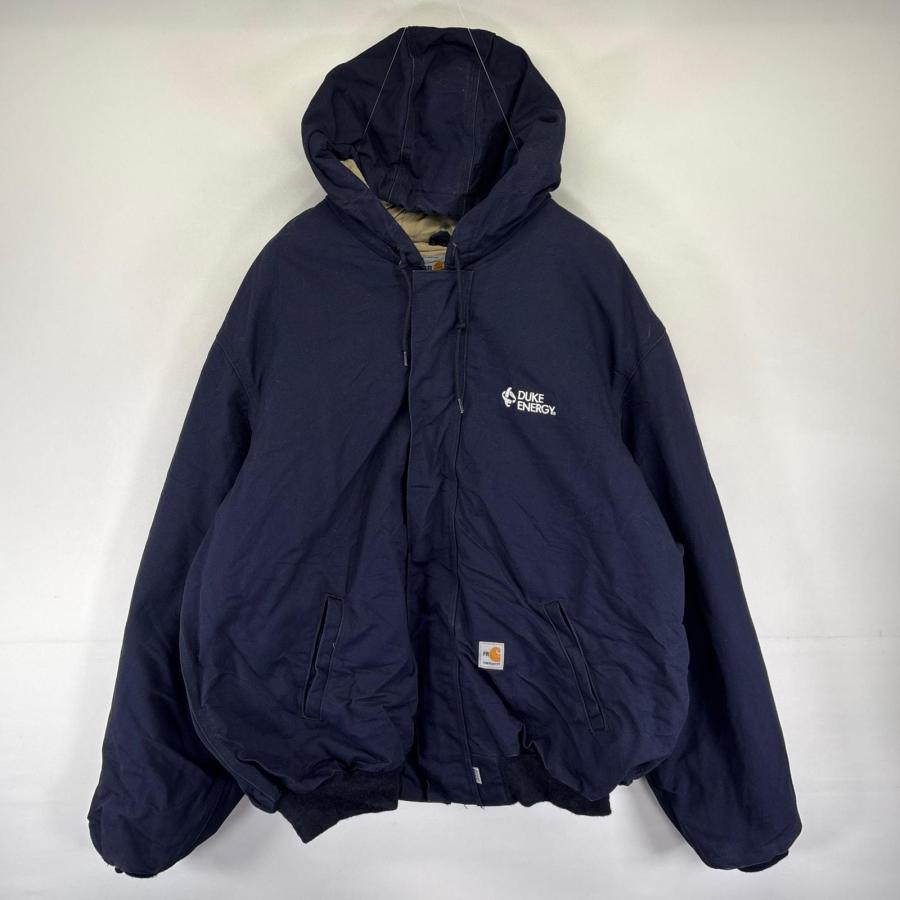 古着 カーハート Carhartt ダック ジャケット 中綿 アクティブジャケット フルジップ ロゴ 大きいサイズ 2XL  ネイビー系 メンズ Carhartt（カーハート） 古着 ダック ジャケット 中綿 アクティブ