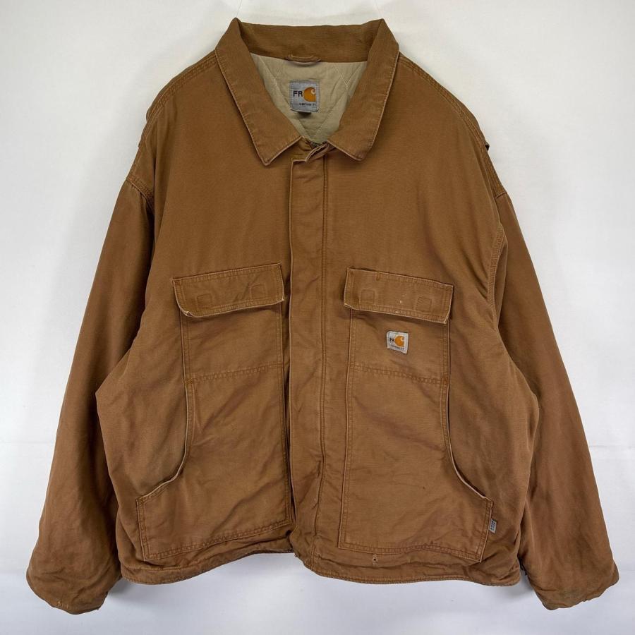 古着 カーハート Carhartt ダック ジャケット 中綿 フルジップ ワンポイント ロゴ 大きいサイズ 3XL  ブラウン系 メンズ Carhartt（カーハート） 古着 ダック ジャケット 中綿 フルジップ ワン