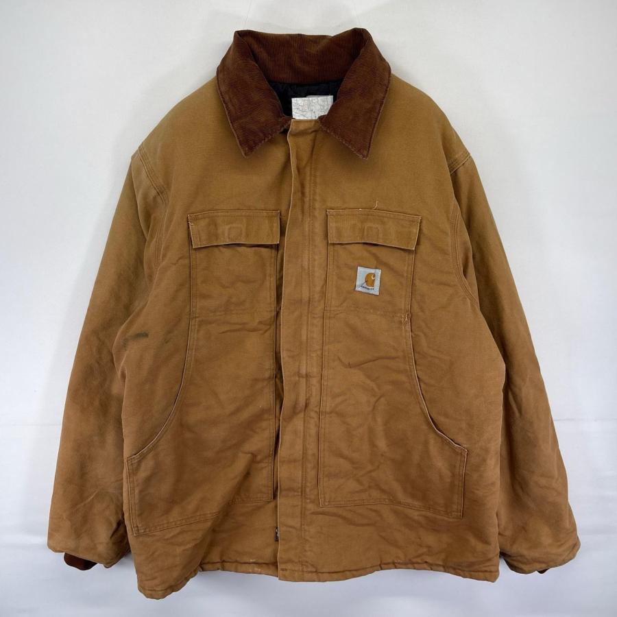 古着 カーハート Carhartt USA製 ダック ジャケット 中綿 カバーオール フルジップ ワンポイント ワーク 50 TALL  ブラウン系 メンズ Carhartt（カーハート） 古着 Carhartt USA製 ダック ジャケット 中綿