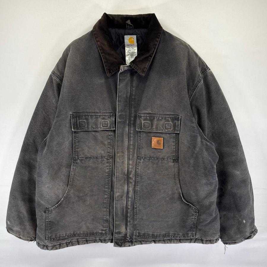 古着 カーハート Carhartt ダック ジャケット フルジップ ワンポイントロゴ 中綿 大きいサイズ ワーク 2XL  ブラック系 メンズ Carhartt（カーハート） 古着 ダック ジャケット 中綿 フルジップ ワン