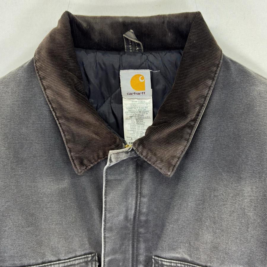 古着 カーハート Carhartt ダック ジャケット 中綿 フルジップ ワンポイント ワーク 大きいサイズ 2XL  ブラック系 メンズ Carhartt（カーハート） 古着 ダック ジャケット 中綿 フルジップ ワン
