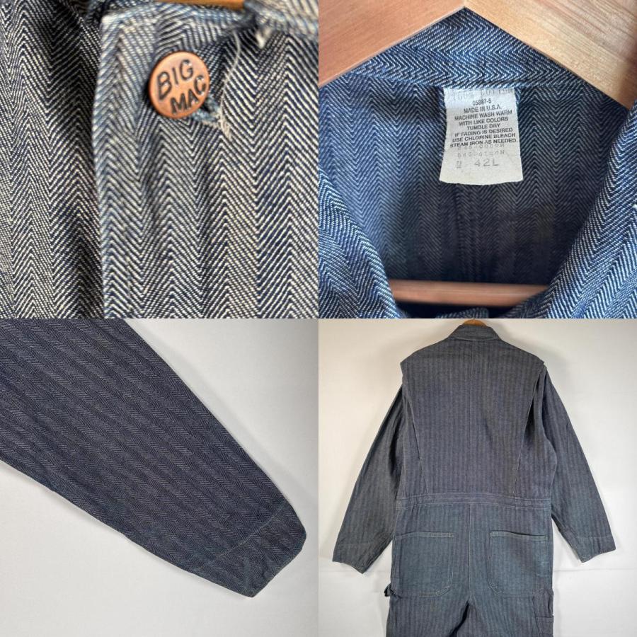 古着 80s/80年代 ヴィンテージ ビッグマック BIG MAC USA製 長袖つなぎ オールインワン  大きいサイズ ヒッコリーデニム 42L  ブルー系 古着 80's/80年代 ヴィンテージ ビッグマック BIG MAC USA製 長袖