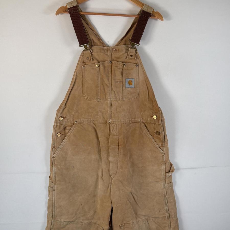 古着 カーハート Carhartt オーバーオール ダック ワンポイントロゴ 大きいサイズ ダブルニー ボタンフライ キャメル メンズ Carhartt（カーハート） 古着 オーバーオール ダック ワンポイントロゴ