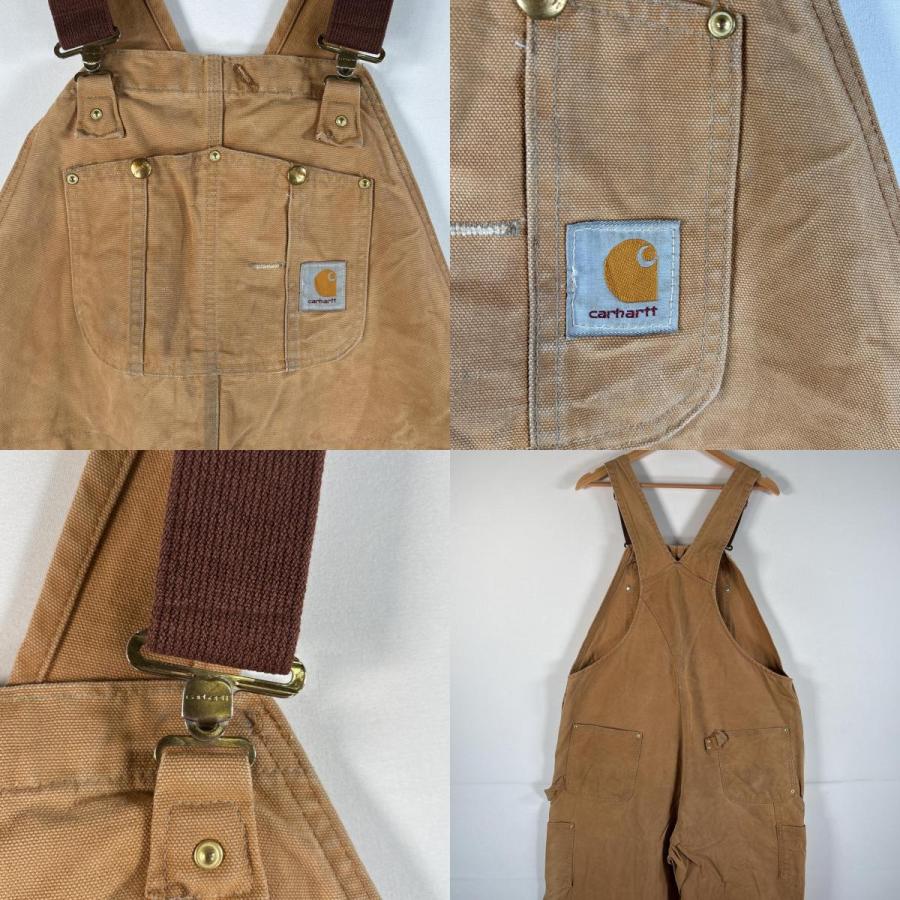 古着 カーハート Carhartt USA製 オーバーオール ダック ワーク ワンポイントロゴ  ダブルニー 大きいサイズ w44 L32 キャメル メンズ Carhartt（カーハート） 古着 Carhartt USA製 オーバーオール ダック