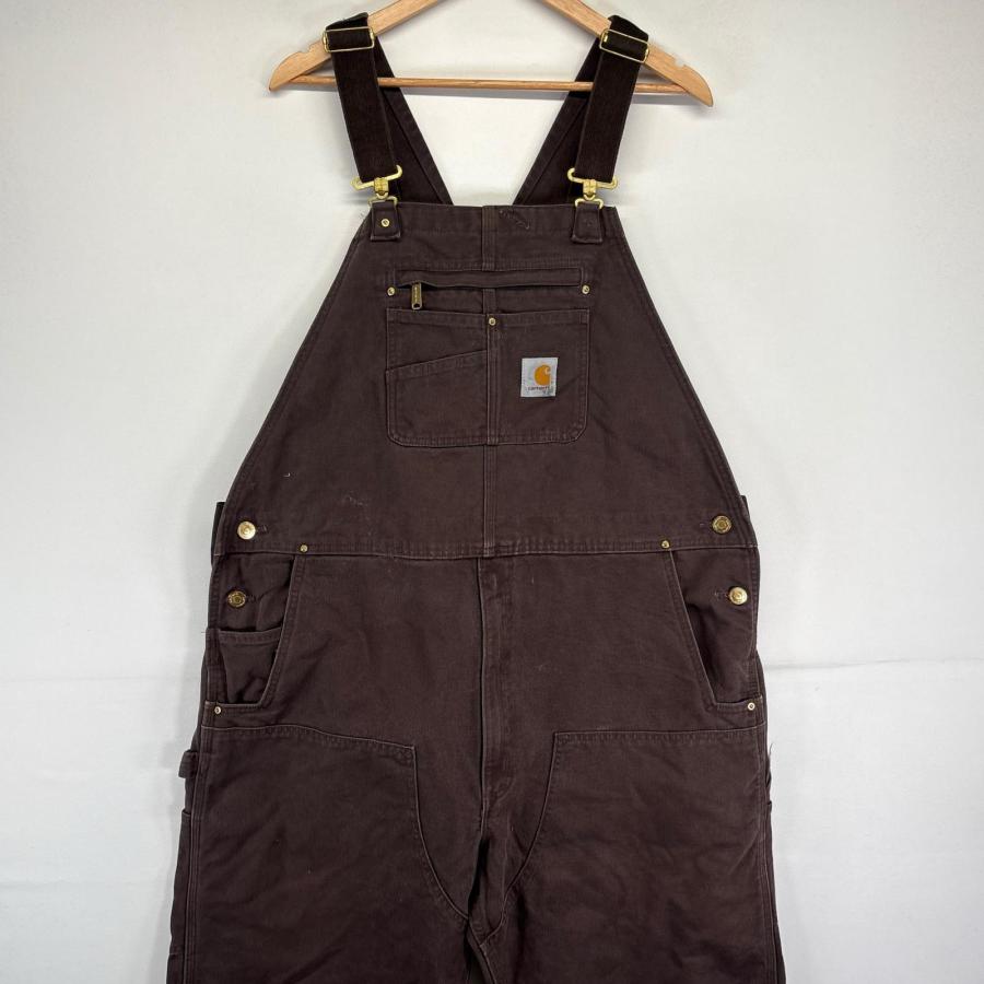 古着 カーハート Carhartt オーバーオール ダブルニー ワーク ダック 大きいサイズ ワンポイントロゴ w44 L32  ブラウン メンズ Carhartt（カーハート） 古着 オーバーオール ダブルニー ワーク