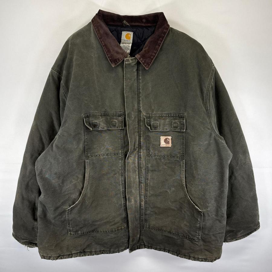 古着 カーハート Carhartt ダック ジャケット ワーク 作業着 中綿 ワンポイント フルジップ 4XL TALL  グリーン系 メンズ Carhartt（カーハート） 古着 ダック ジャケット ワーク 作業着 中綿