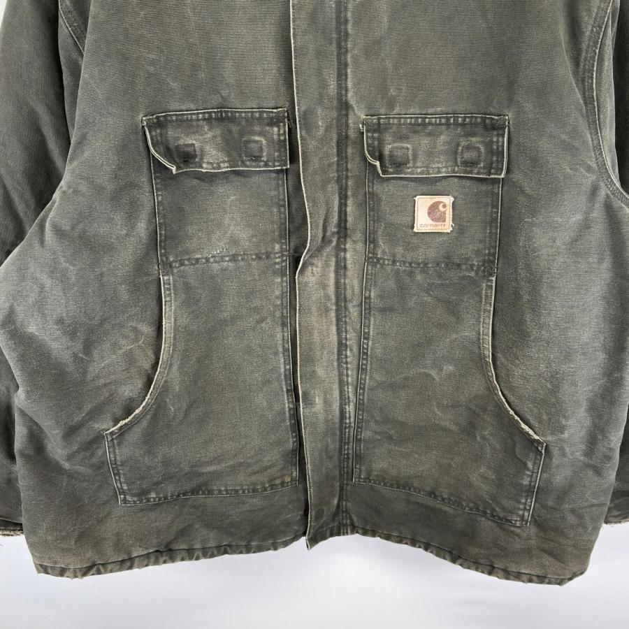 古着 カーハート Carhartt ダック ジャケット ワーク 作業着 中綿 ワンポイント フルジップ 4XL TALL  グリーン系 メンズ Carhartt（カーハート） 古着 ダック ジャケット ワーク 作業着 中綿