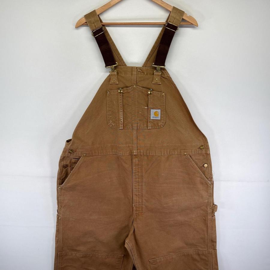 古着 カーハート Carhartt ダック オーバーオール ワーク ワンポイントロゴ ダブルニー ハンマーループ W48 L30  ベージュ系 メンズ Carhartt（カーハート） 古着 ダック オーバーオール ワーク ワン
