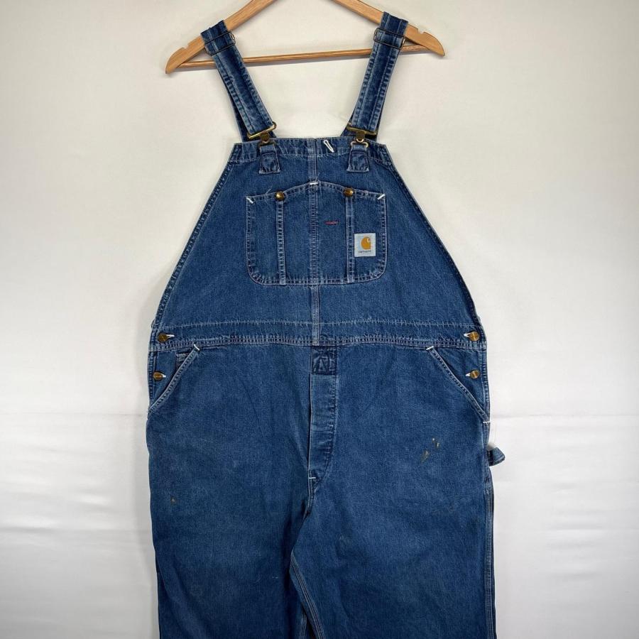 古着 カーハート Carhartt デニム オーバーオール ワーク ワンポイントロゴ ボタンフライ 作業着 ハンマーループ  ブルー系 メンズ Carhartt（カーハート） 古着 デニム オーバーオール ワーク ワン
