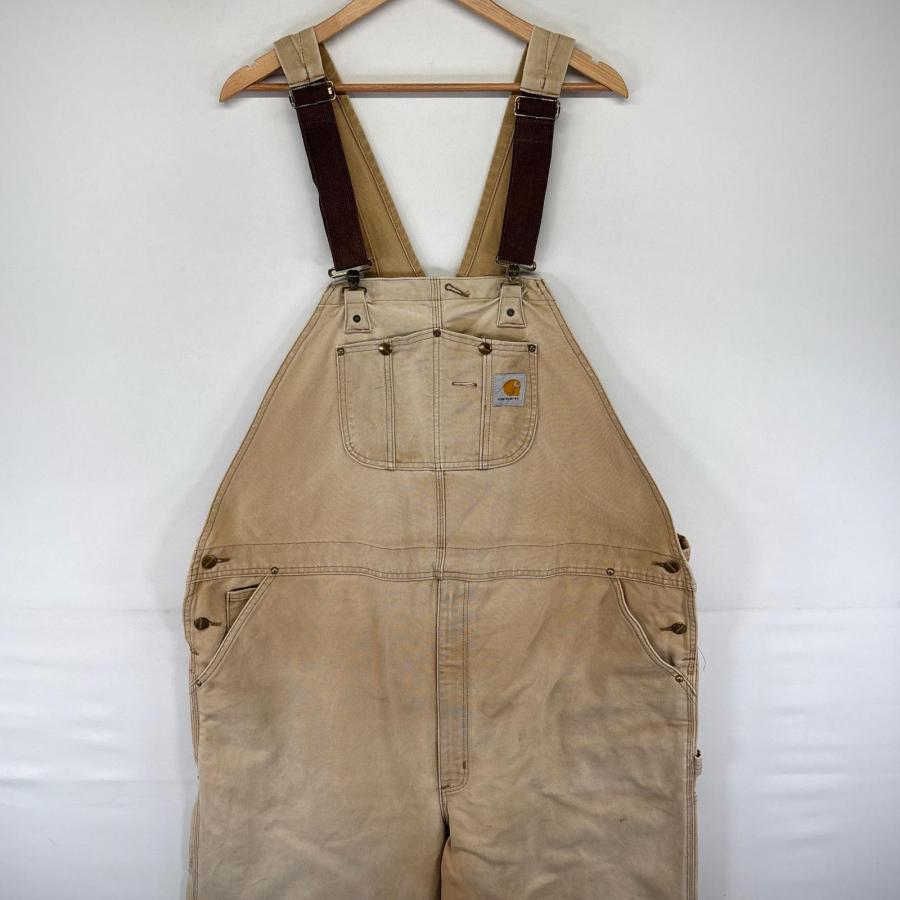 古着 カーハート Carhartt ダック オーバーオール ワーク ジップ フェード ダブルニー 大きいサイズ W48 L34  ベージュ系 メンズ Carhartt（カーハート） 古着 ダック オーバーオール ワーク ジップ
