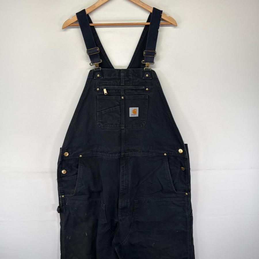 古着 カーハート Carhartt ダック オーバーオール ワーク ダブルニー ワンポイントロゴ 大きいサイズ W44 L34  ブラック系 メンズ Carhartt（カーハート） 古着 ダック オーバーオール ワーク