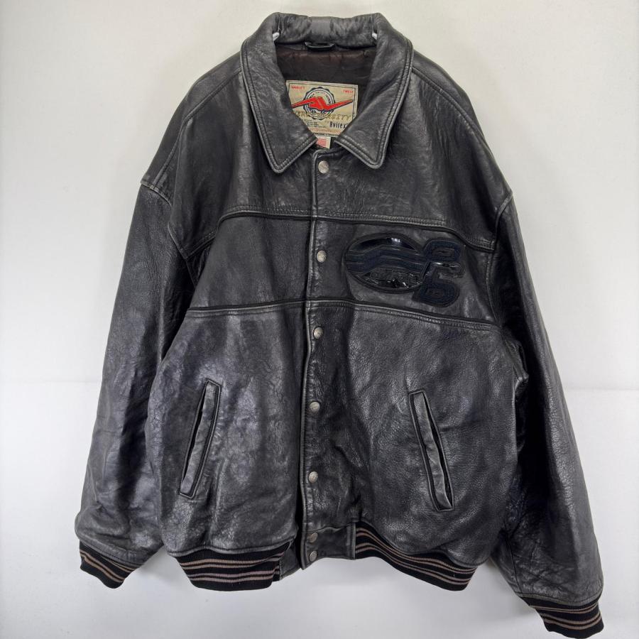 古着 アヴィレックス AVIREX USA製 ジャケット レザー 大きいサイズ バックロゴ フルジップ ワッペンA2タイプ 3XL  ブラック メンズ AVIREX（アヴィレックス） 古着 AVIREX USA製 ジャケット レザー