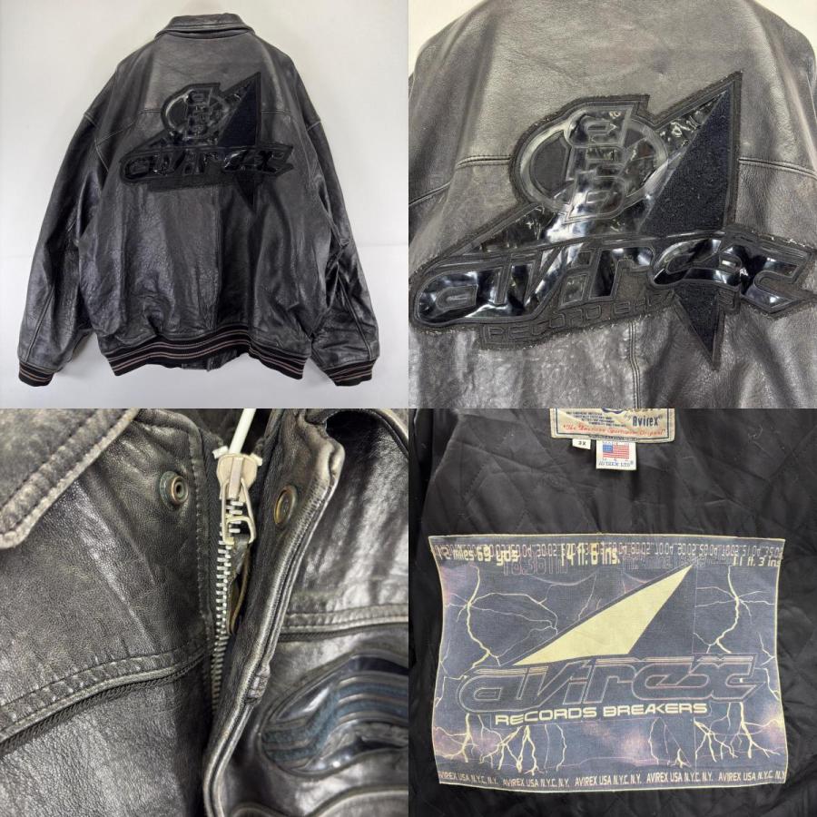 古着 アヴィレックス AVIREX USA製 ジャケット レザー 大きいサイズ バックロゴ フルジップ ワッペンA2タイプ 3XL  ブラック メンズ AVIREX（アヴィレックス） 古着 AVIREX USA製 ジャケット レザー