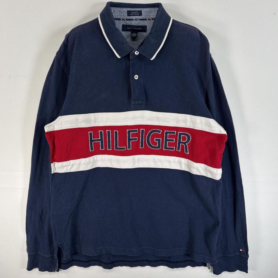 トミーヒルフィガー 90s ラガーシャツ 極厚コットン L 紺 刺繍 輸入 古着 TOMMY HILFIGER（トミー・ヒルフィガー） ビッグサイズ 長袖ラガー