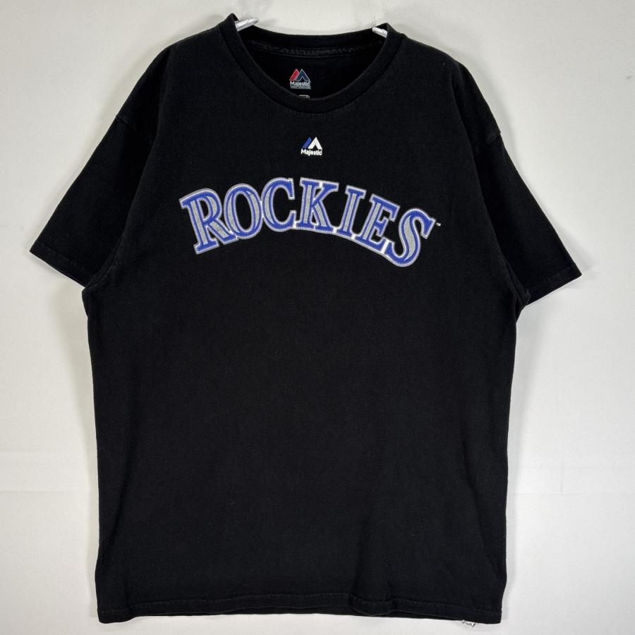 激レア未使用✨MLBロゴ 総柄 黒Tシャツ デッド Majestic L大きめ 古着 マジェスティック MAJESTIC 半袖Tシャツ ラバープリント クルー