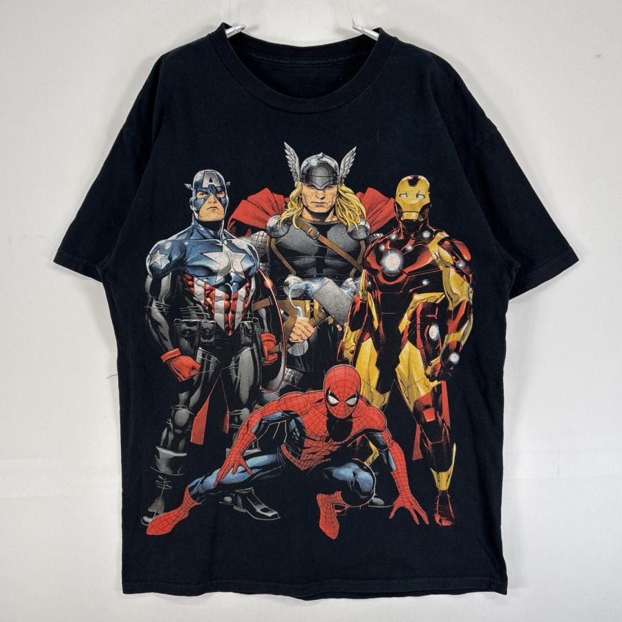 マーベル キャラクターＴシャツ  ブラック MARVEL スパイダーマン アイアンマン キャプテンアメリカ ソー アメコミ 半袖 character プリント キャラT 古着【中古】WV2504-R0240 MARVEL - マーベル キャラクターTシャツ ブラック MARVEL
