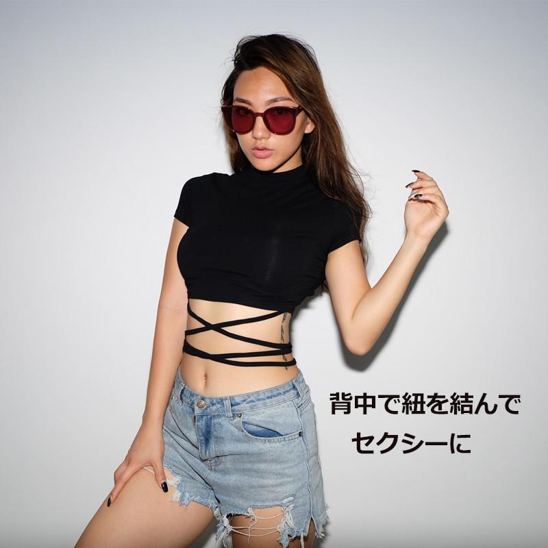 ダンス衣装 トップス カットソー レディース へそ出し tシャツ 半袖 韓国 ストリート系 ヒップホップ ショート丈 ハイネック クロップド 編み上げ｜niko-mart｜05