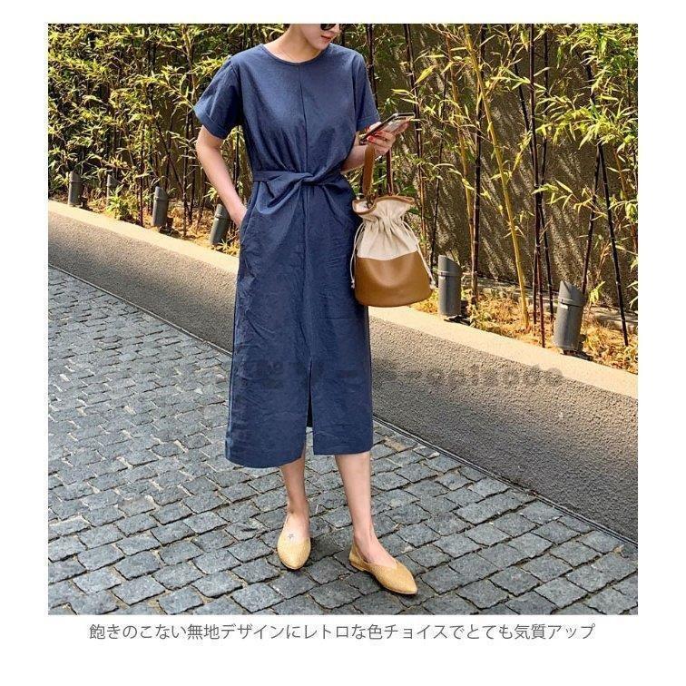 ワンピース 半袖 レディース サマーワンピース 半袖ワンピース レトロ 無地ワンピース ミモレワンピース 夏 スリット入り ドレス クルーネック 春夏新作モデル