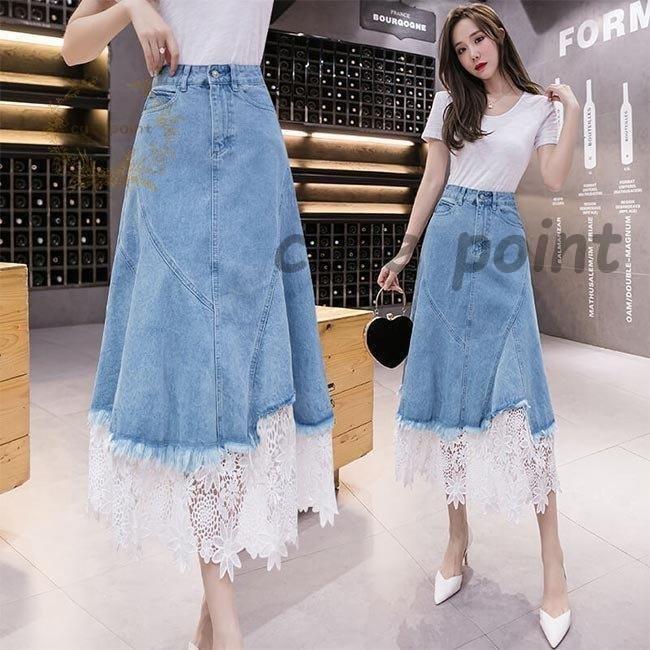 デニムスカート ロング レディース スカート マキシ丈 レース裾 ロングスカート デニム Aラインスカート 着痩せ マキシスカート バイカラー Sguxh53j0y ファッション Www Velver Hu
