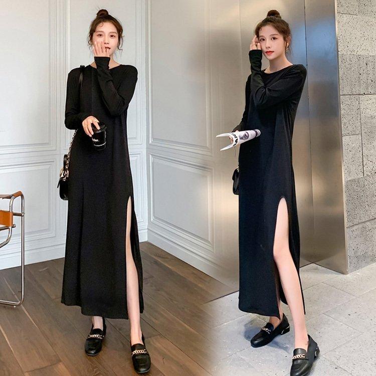 マキシワンピース レディース 秋冬 長袖 スウェットワンピース 黒タイトスカート ひざ下ワンピース スリット裾 インナー セクシー 大きいサイズ オシャレ 大人 Vaq2dcd0wl ファッション Valleymill Com