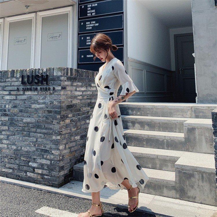 ワンピース レディース キレイめ ルロング丈 フリル袖 ベルト付き ワンピース ドット柄 春夏 五分袖 ロング Vネック 韓国風 ゆったり 通勤 Ol オシャレ Dbmeu1ma9u ワンピース チュニック Valleymill Com