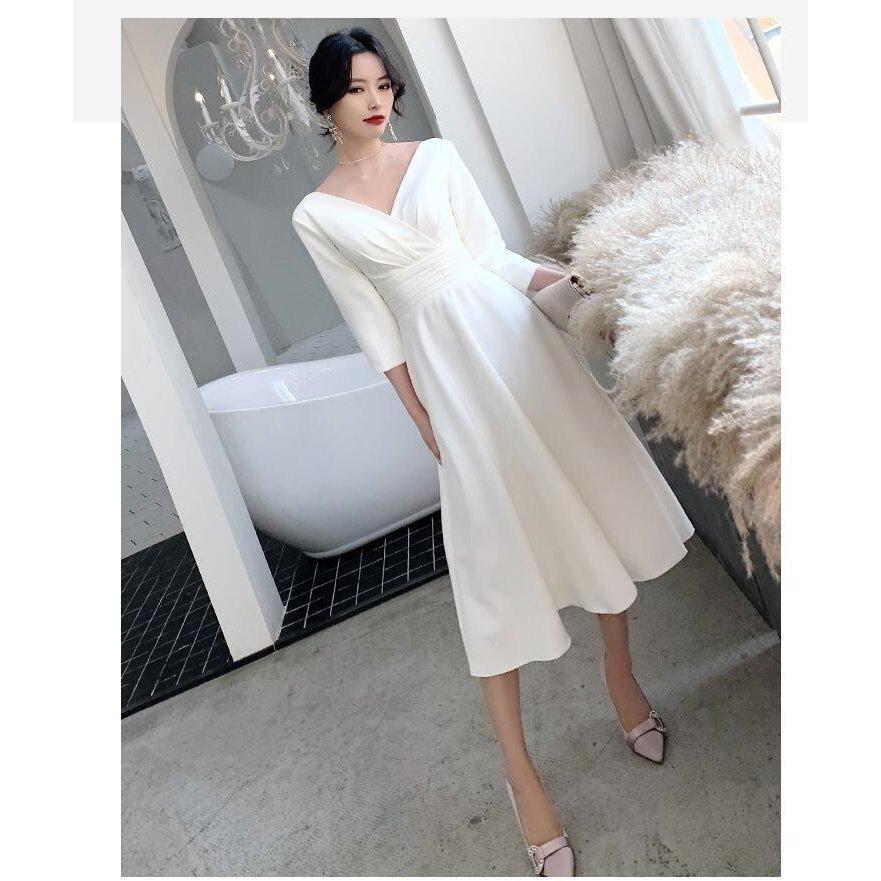 ネット販売品 結婚式ワンピース Vネック パーティードレス 袖ありミモレ丈ドレス ウエディングドレス 代 30代 40代 上品 おしゃれ お呼ばれドレス 卒業式 成人式 披露宴 ブランド店 Ecolife Rus Ru