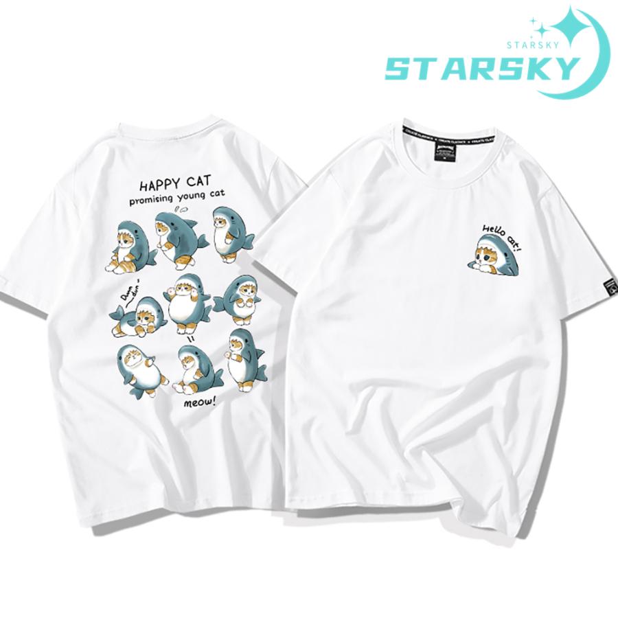 Tシャツ サメにゃん サメ猫 プリントシャツ ホワイト 大きいサイズ対応