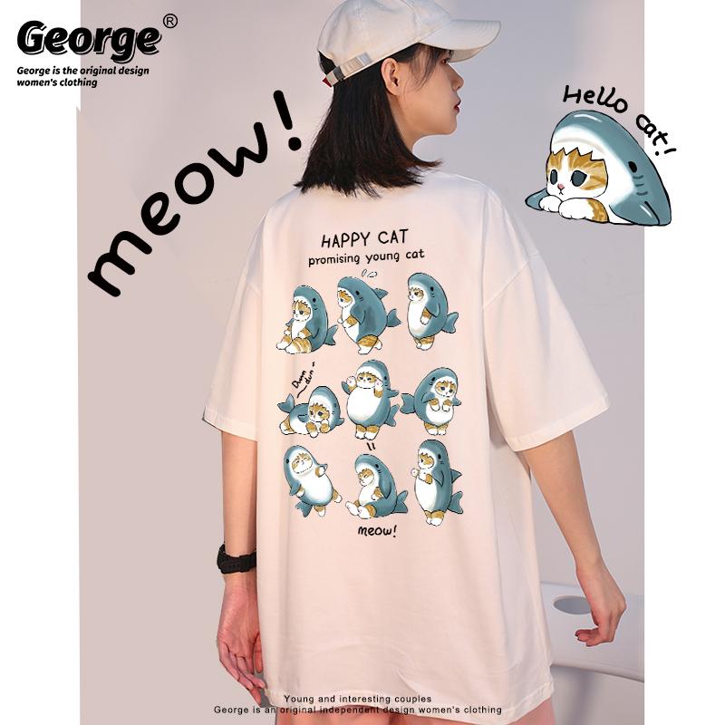 Tシャツ サメにゃん サメ猫 プリントシャツ ホワイト 大きいサイズ対応