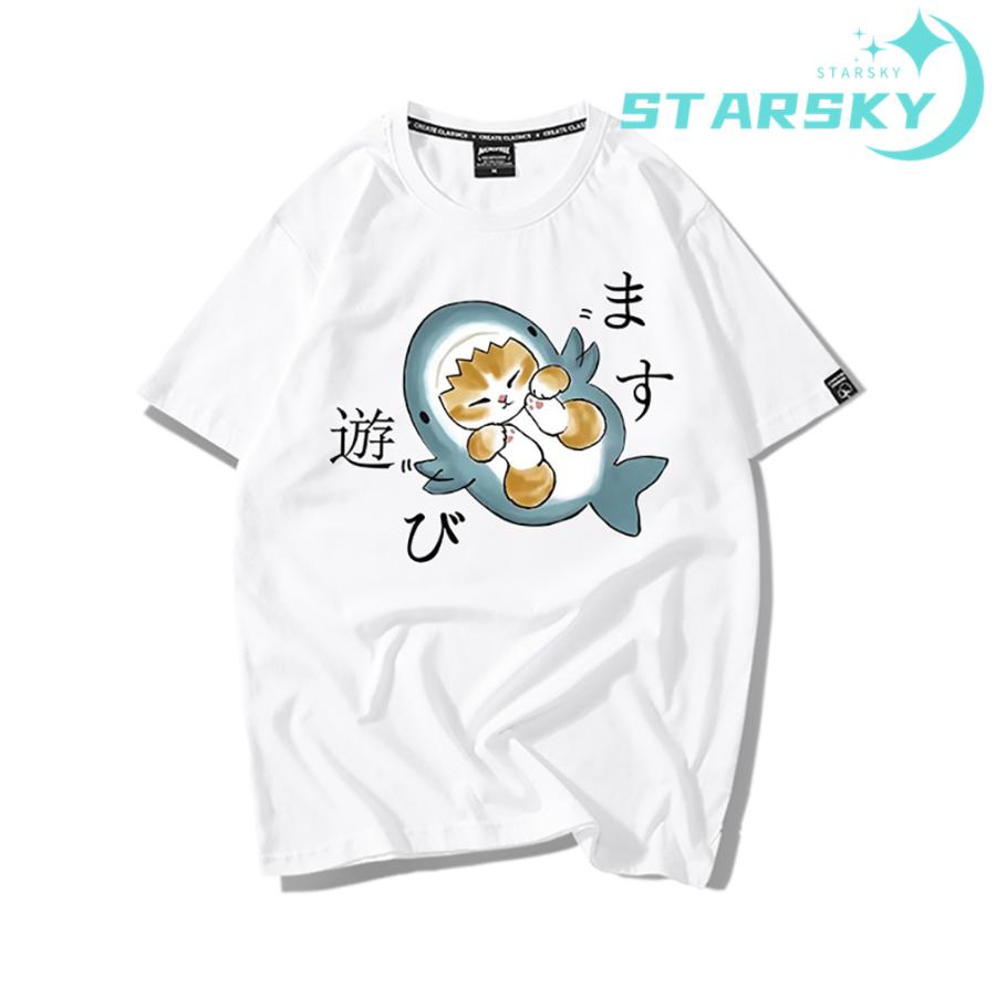 Tシャツ サメにゃん サメ猫 プリントシャツ ホワイト 大きいサイズ対応