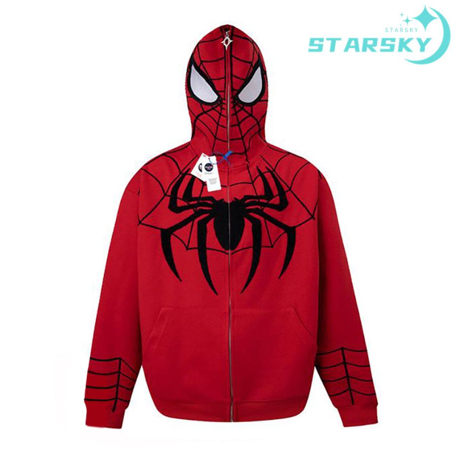 SPIDERMAN スパイダーマン／フルジップ 長袖フリース（ブラック）／刺繍 KaKazzy】スパイダーマン ブラック フルジップ パーカー 男女着用可