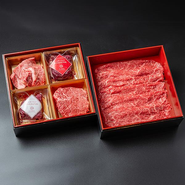 肉重箱/2段 ギフト 会津 国産馬刺し ランプ&ロース 各50g前後/福島牛 ランプステーキ 100g 肩ロース 焼肉 70g いちぼ