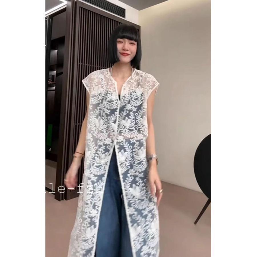 総レースベスト ロング丈 刺繍 上品 レディース 夏 vネック ベスト レディース 総レース ロングベスト 透け感 シースルー トップス 楽天市場】総レースベスト ロング丈 刺繍 上品 レディース 夏 v