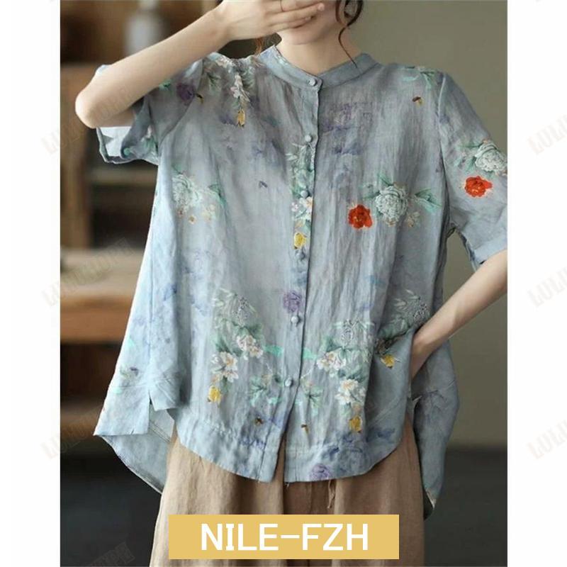 総柄 リネン シャツブラウス レディース 半袖 シャツ ブラウス