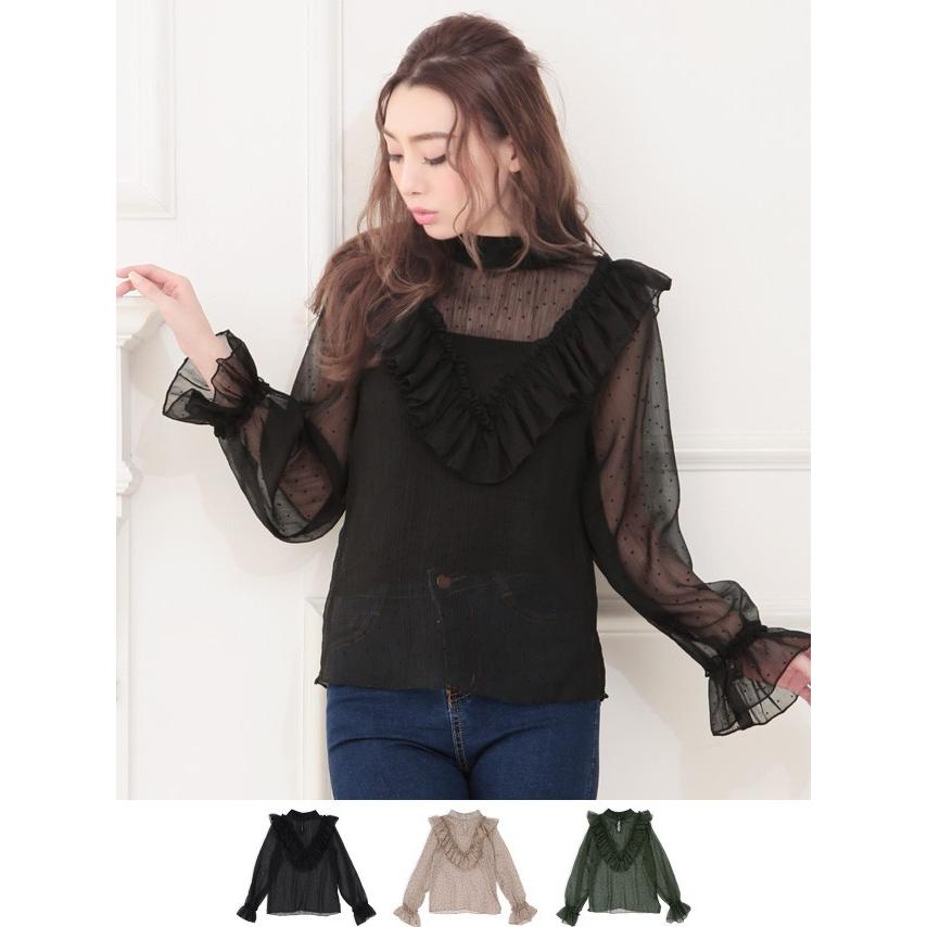ブラウス レディース おしゃれ トップス シフォン ドット 長袖 フリル シースルードットシフォンブラウス 春 黒 ブラック カーキ Ncbl908 パーティードレスretica 通販 Yahoo ショッピング