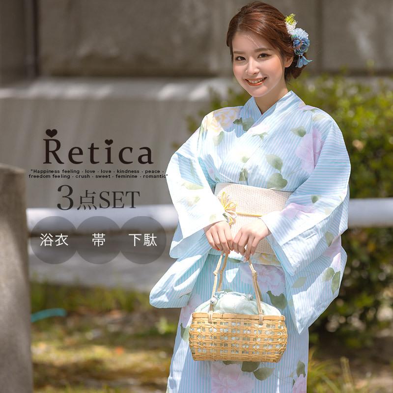 浴衣 レディース 21 ゆかた 花火 祭り 夏 和装 大人 可愛い 帯セット ブルーストライプ バラ花柄 3点セット浴衣 浴衣 平帯or作り帯 下駄 Tk Yk 8cl73 パーティードレスretica 通販 Yahoo ショッピング