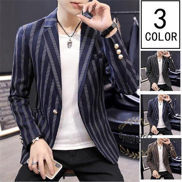 父の日 テーラード ジャケット メンズ ストライプ柄 通勤 アウター カジュアル スリム 1ボタン 秋物 紳士 結婚式 秋新作 超特価