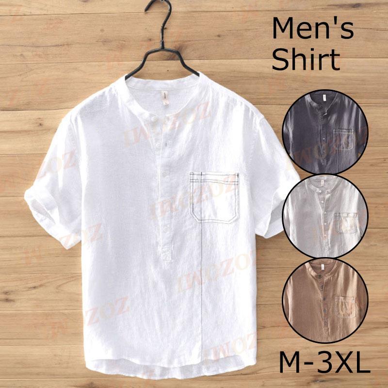 メンズ リネンシャツ プルオーバーシャツ 半袖シャツ バンドカラー ヘンリーネック 開襟シャツ カジュアル Lyx Zozomi 通販 Yahoo ショッピング