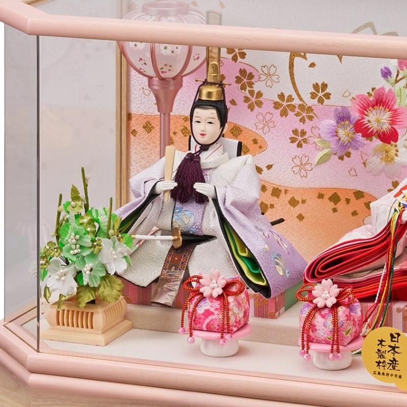 雛人形 ケース飾り ゆきな 小三五 親王飾り 幅49cm 六角W アクリルケース オークぼかしピンク オルゴール内蔵 2人_1