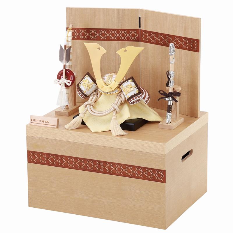 五月人形 兜飾り収納飾 DEMOWA 幅40cm 1/5 麻の葉レーザ屏風 木目 白茶縅_1