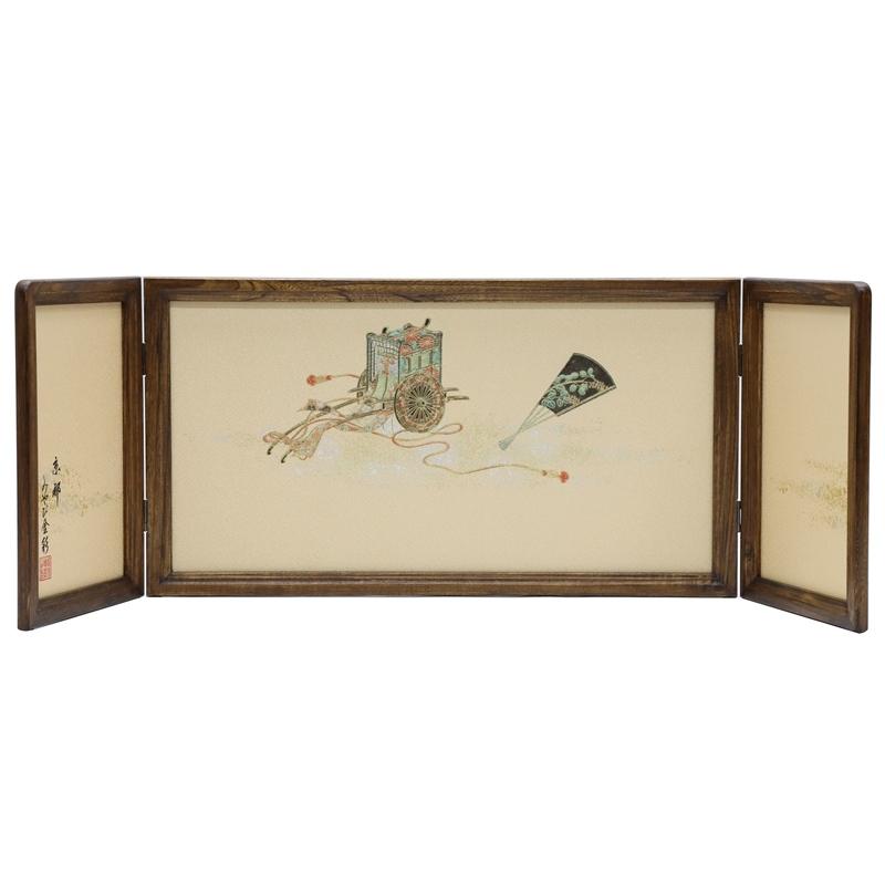 アウトレット品 雛人形三月屏風 屏風のみ 13号 扇面に御所車 倫光 古代 みやび金彩 三曲屏風 22a-ya-2214