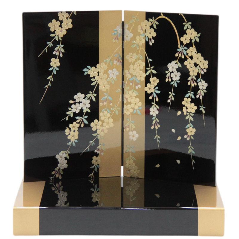 アウトレット品 雛人形平飾台 屏風・台セット 58cm 黒塗金色帯平台