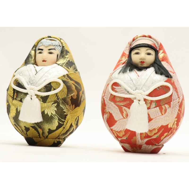 アウトレット品 民芸品 姫だるま 殿・姫ペア 4号 金襴 鶴柄 縁起物 24a