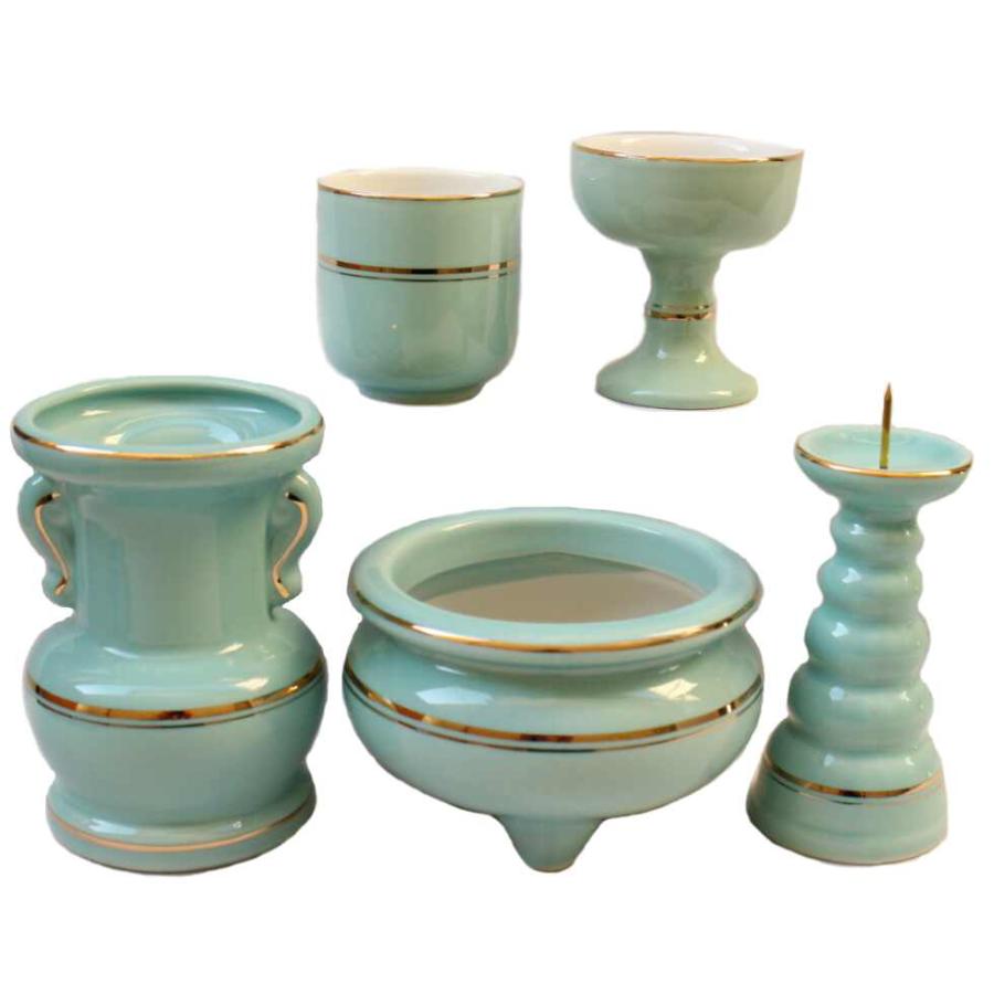 仏具セット コスモ 青磁 3寸 陶器 5点セット 香炉 花立 火立て 仏具セット コスモ 青磁 3寸 陶器 5点セット 香炉 花立 火立て