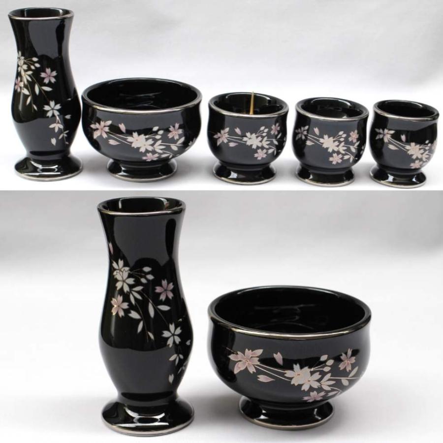 銀襴桜 陶器仏具5点セット 香炉 花立 火立て 仏器 湯呑 ぎんらん