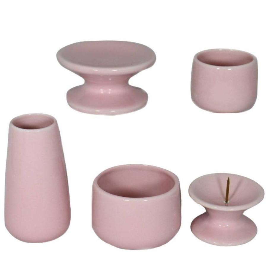 ペット用陶器仏具5点セット・ピンク 香炉 花立 火立て 供物台 湯呑 